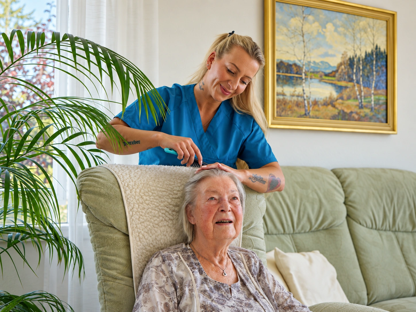 Pflegekraft kämmt einer lächelnden Seniorin im Sessel die Haare
