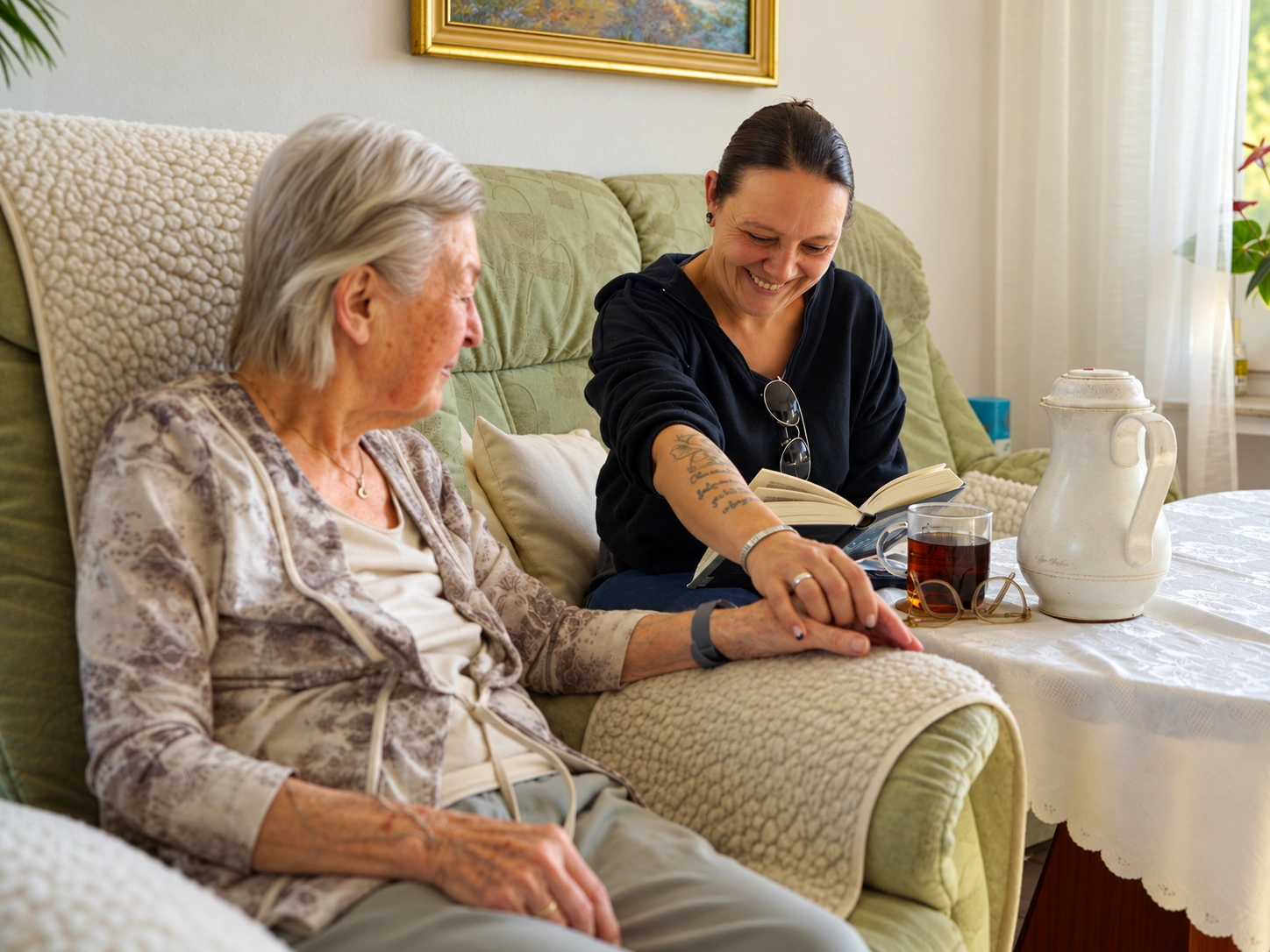 Alltagsbegleiterin liest einer Seniorin auf dem Sofa aus einem Buch vor