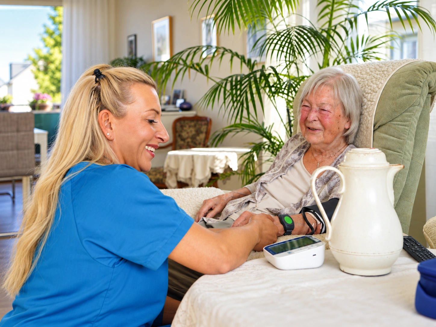 Pflegekraft und Seniorin lachen gemeinsam am Wohnzimmertisch